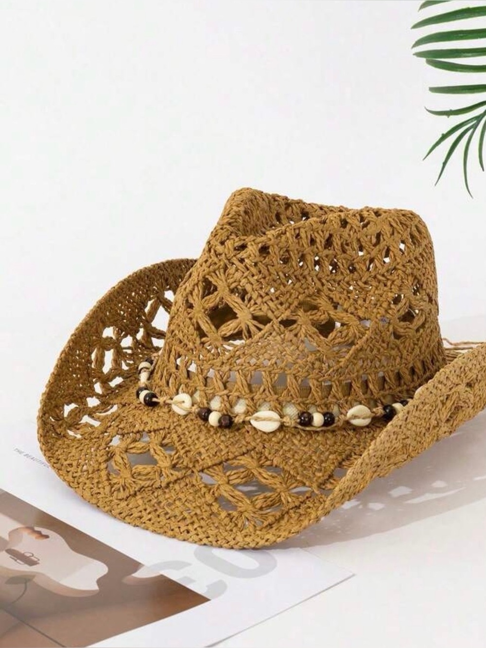 Women’s Straw Crochet Beach Cowboy Hat with Shell Bead Trim - Brown